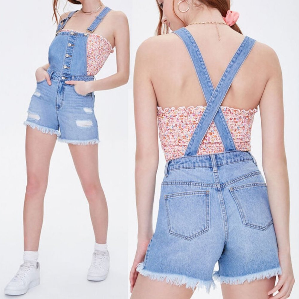 NEW High Waist Distressed Denim Overalls Shorts - Picture 8 of 10